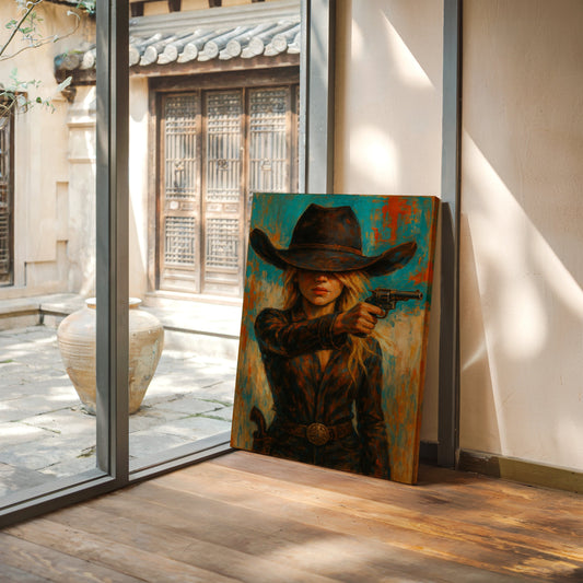 Western Grit: Cowgirl With Revolver Canvas Art