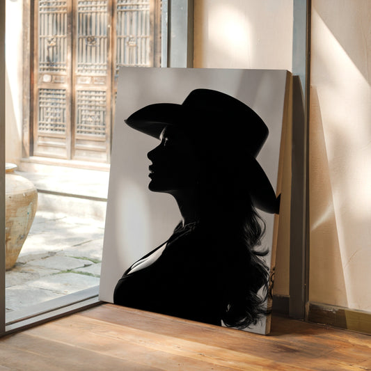Silhouette of a person wearing a hat on a wall in a room with a view of a courtyard.