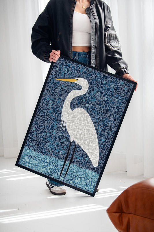 Elegant White Egret – Mosaic-Inspired Bird Wall Art