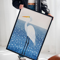 White Egret in Snowfall – Elegant Minimalist Bird Wall Art