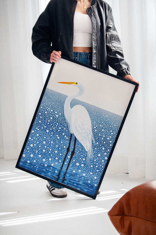 White Egret in Snowfall – Elegant Minimalist Bird Wall Art