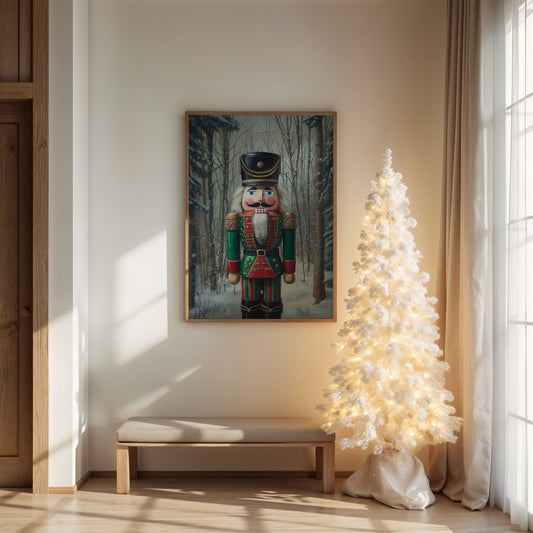 Nutcracker Stands Watch In Winter Woods