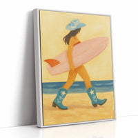 Cowgirl Surfer Walks The Shore