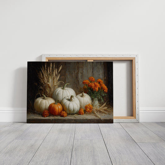 White Pumpkins Among Marigold Flames