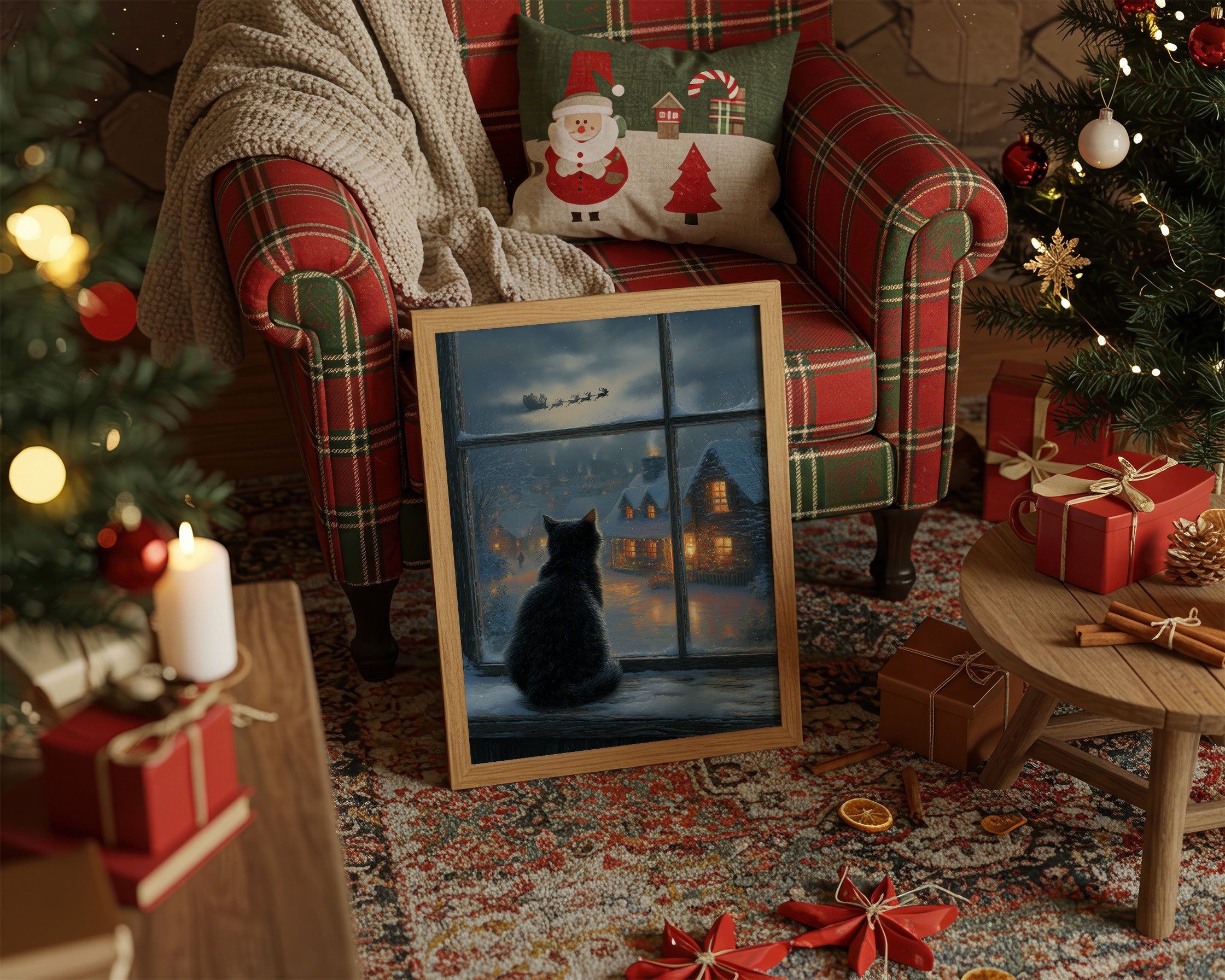 Black Cat Watches Santa's Flight