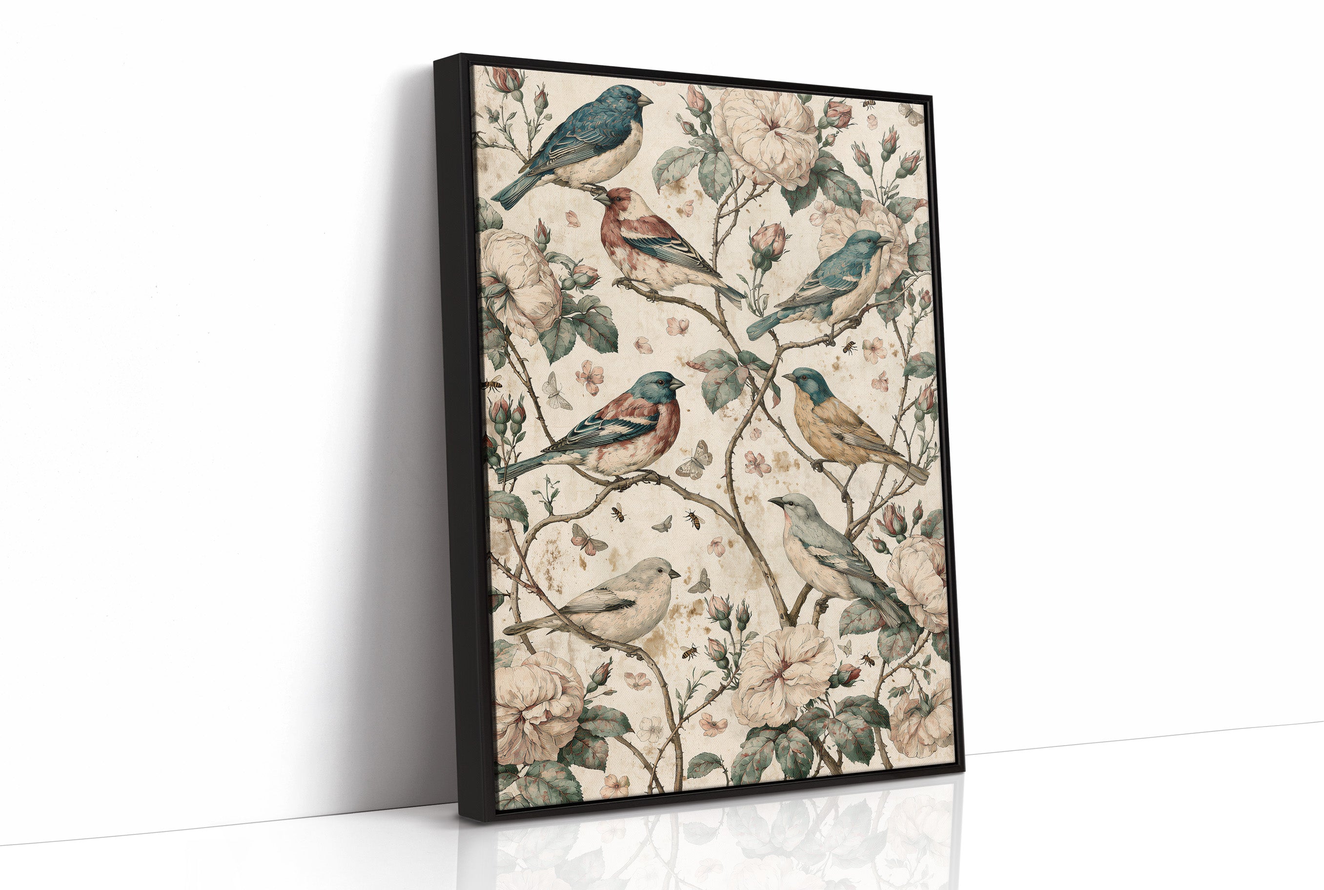 Six Finches, One Rose Bush