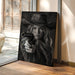 Canvas print of a woman holding a gun in a room with a glass door.