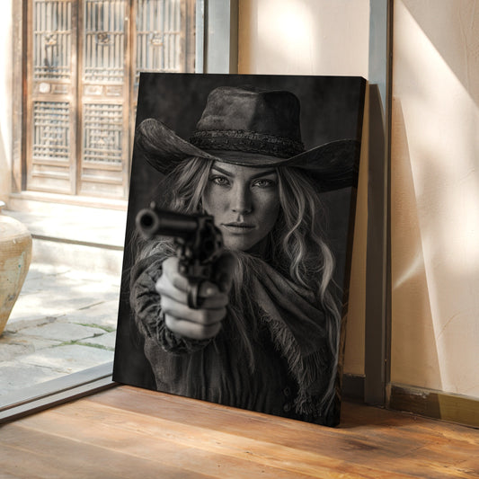 Canvas print of a woman holding a gun in a room with a glass door.