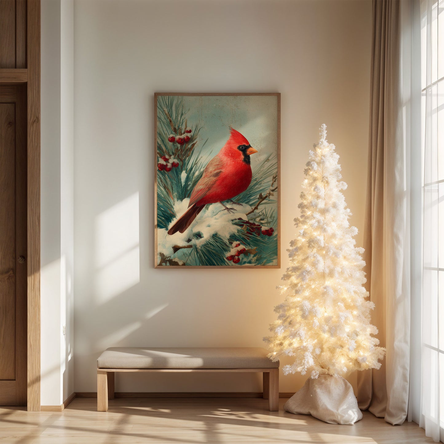 Crimson Wings Against Winter Pine