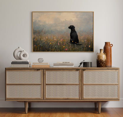 Serene Black Lab in Wildflowers – Rustic Dog Art Print