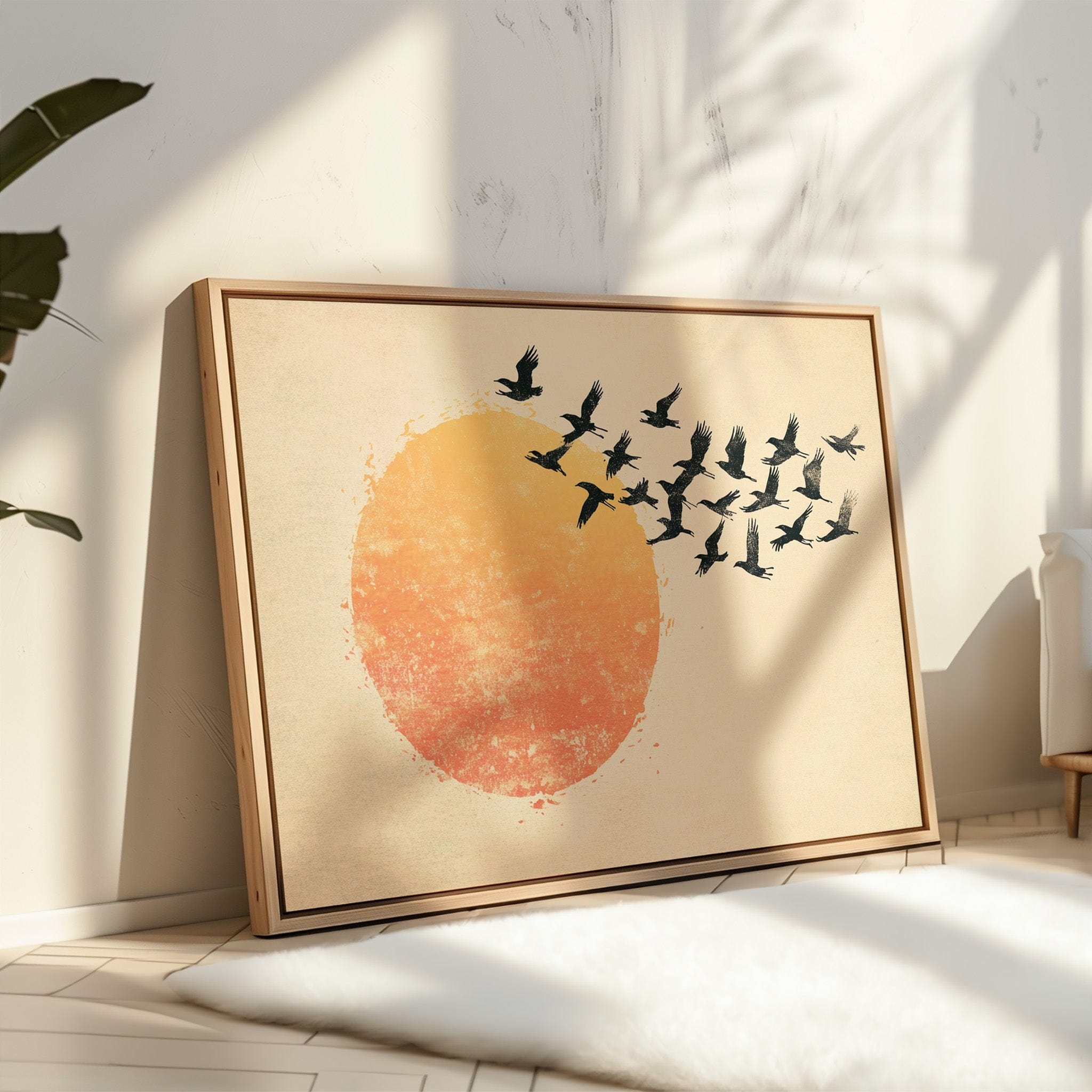 Minimalist Japanese Birds & Sun Print – Vintage Ink Illustration