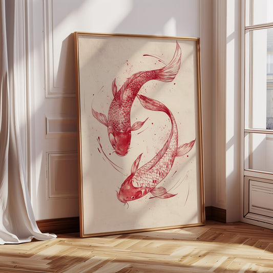 Koi Fish Wall Art – Minimalist Japanese Ink Print, Zen Decor