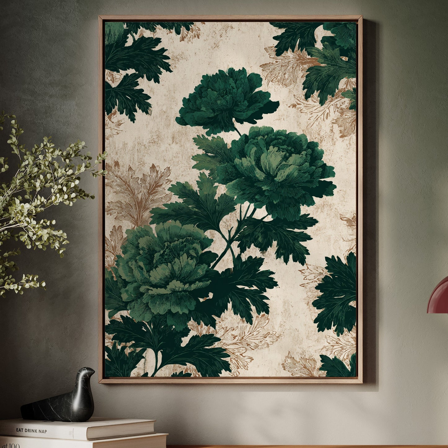 Emerald Blooms on Rustic Canvas