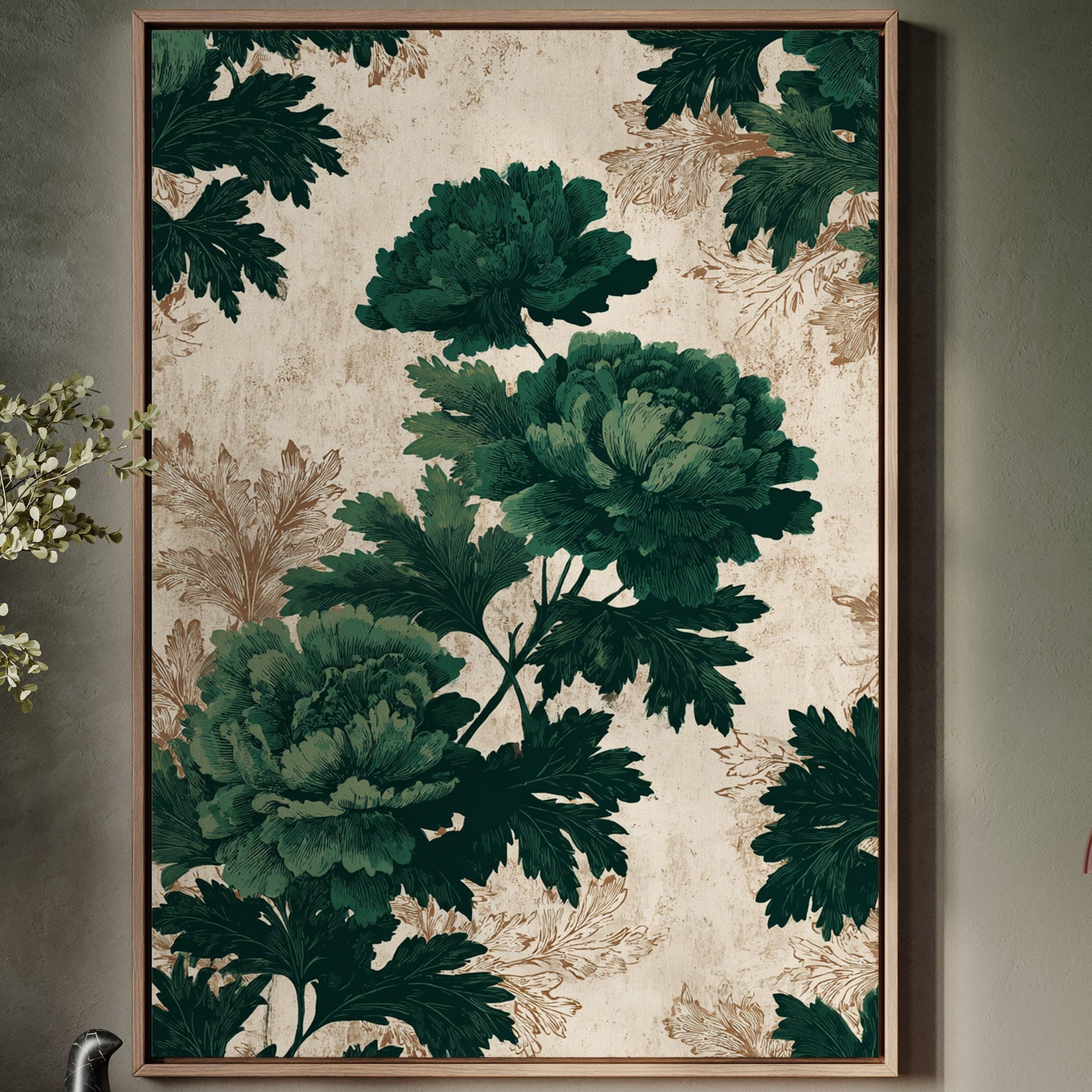 Emerald Blooms on Rustic Canvas