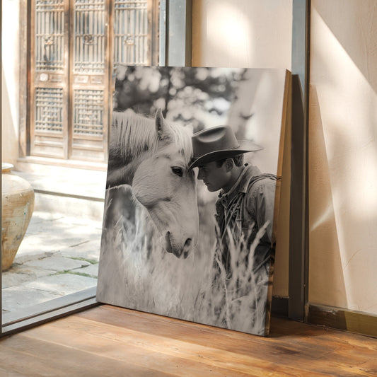 Canvas print of a man and horse in a room with wooden flooring and glass doors.
