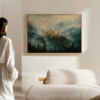 Misty Mountain Castle: Ethereal Fantasy Landscape Canvas Wall Art