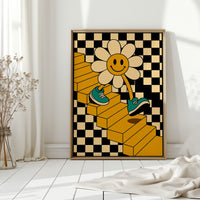 Groovy Daisy Vibes – Retro Checkerboard Flower Print