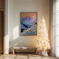 Skiers Chase Alpine Sunset Colors