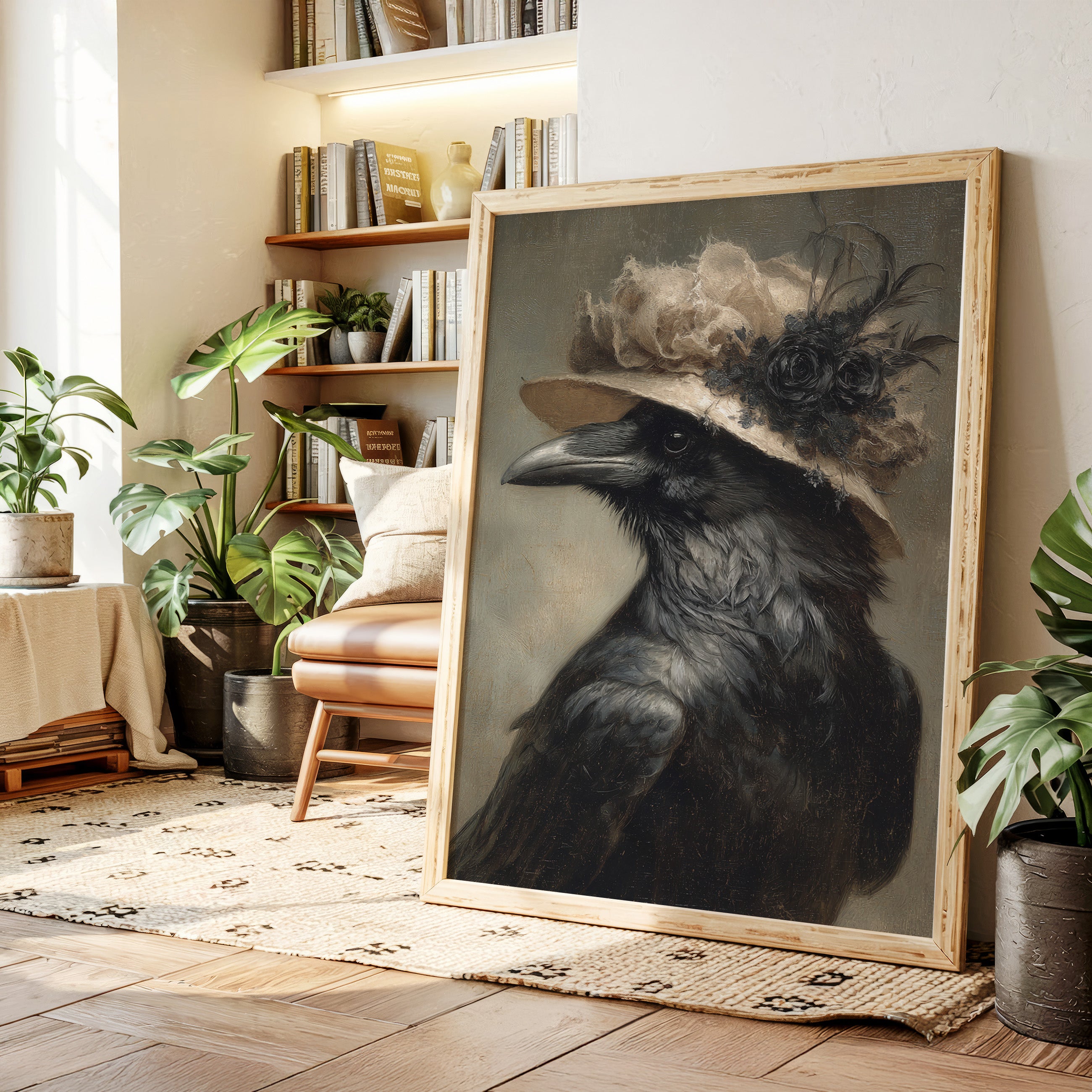 Regal Raven in a Floral Hat