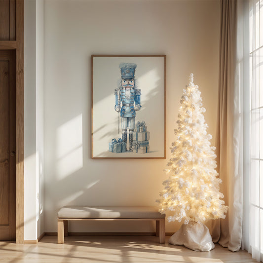 Blue Nutcracker Guards Winter's Treasures