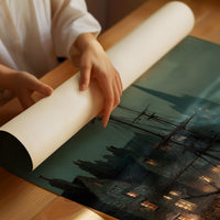 Harbor Lights Below Foggy Moon