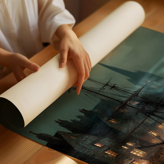 Harbor Lights Below Foggy Moon