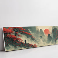 Red Sun Over Misty Mountain Peaks