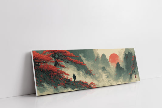 Red Sun Over Misty Mountain Peaks