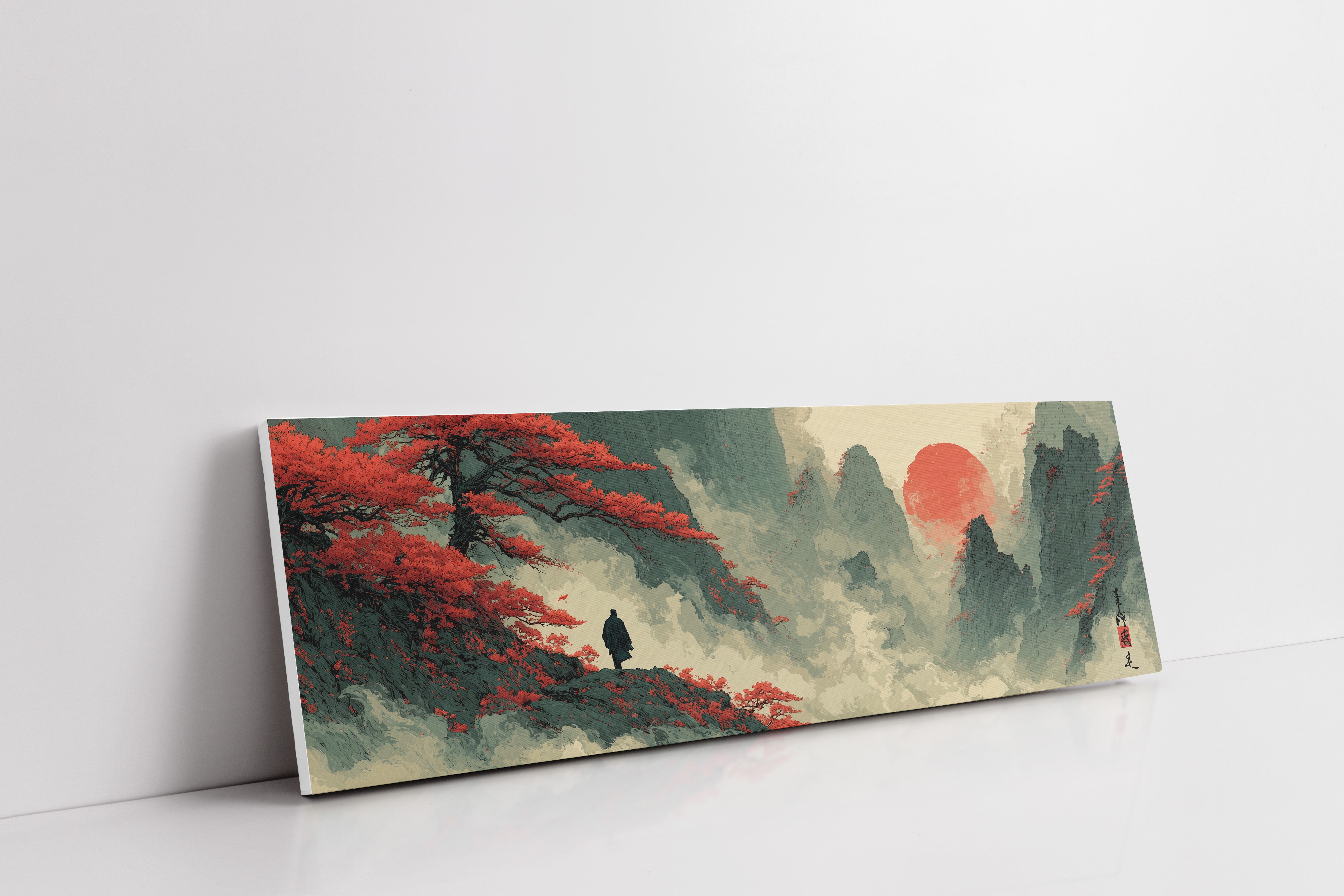 Red Sun Over Misty Mountain Peaks