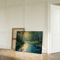 Sunlit Waters Between Tall Pines