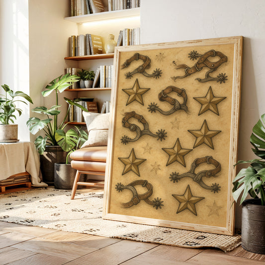 Western Spurs and Stars Vintage Print