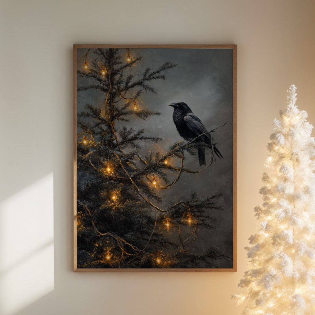 Raven Perches Among Winter Lights