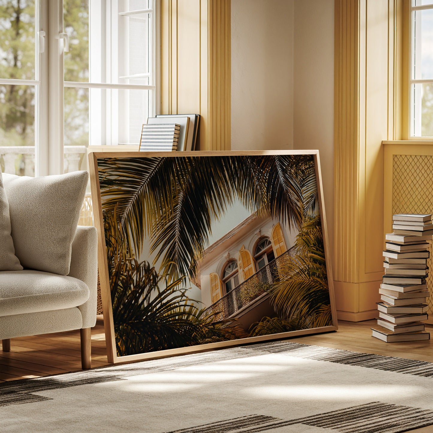 Golden Shutters Behind Palm Veils
