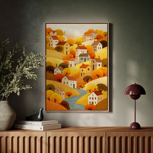 Autumn River Winds Through Village