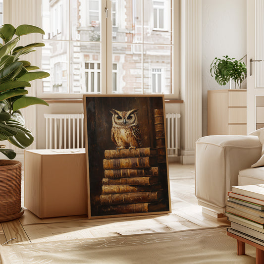 Wise Owl on Antique Books – Dark Academia Wall Art, Vintage Library Print, Scholar’s Study Decor