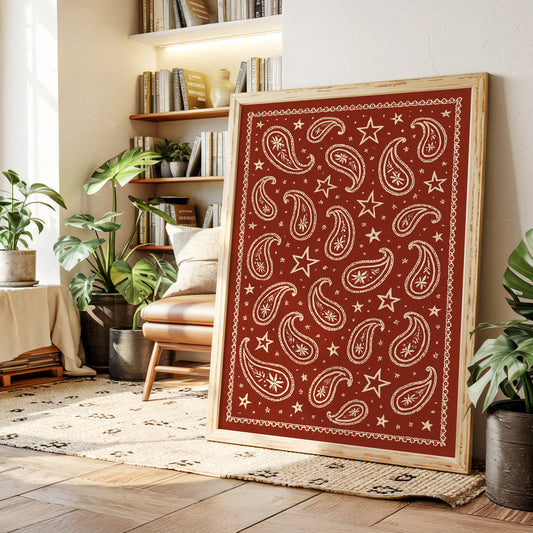 Vintage Red Bandana Star Paisley Print