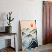 Misty Mountain Sunrise – Tranquil Asian-Inspired Landscape Print
