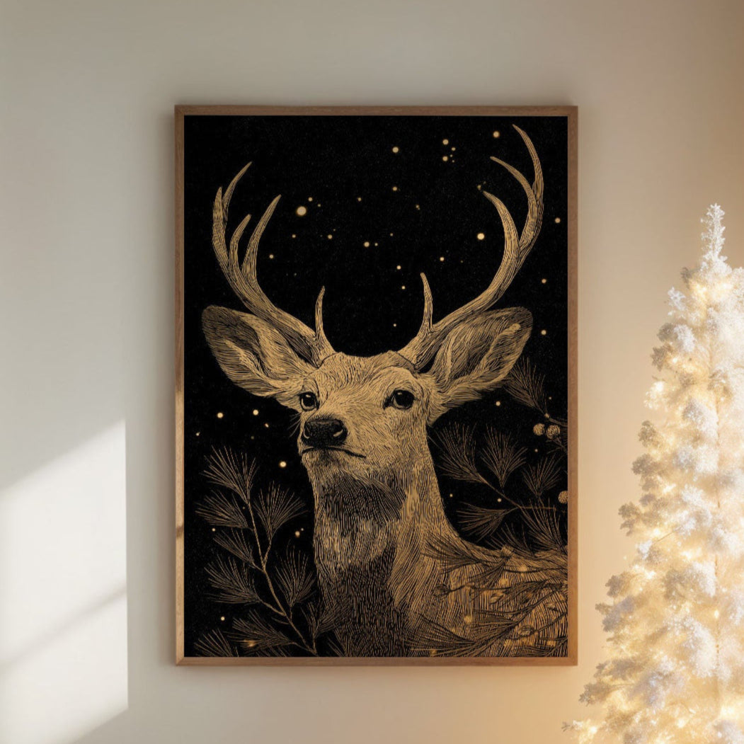 Starlit Stag Among Pine Branches