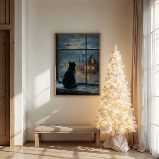 Black Cat Watches Santa's Flight