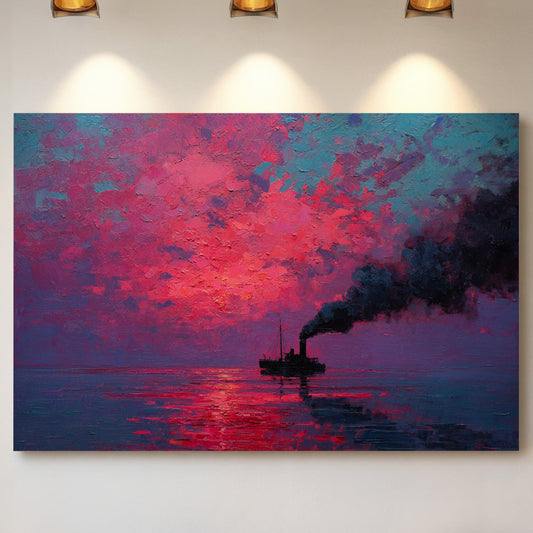 Steamship Sails Through Crimson Dawn