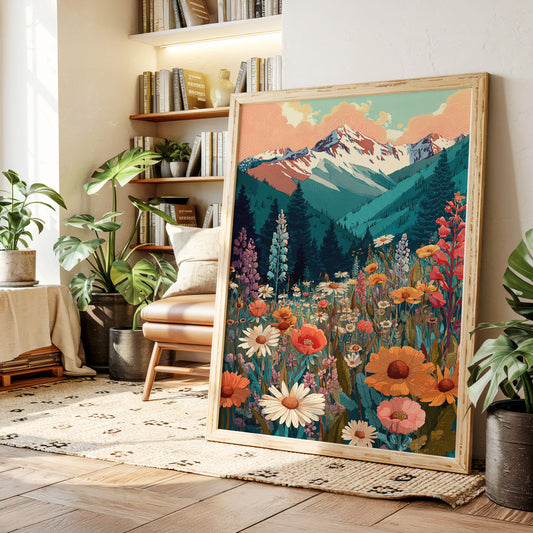 Floral Tapestry Beneath Mountain Peaks