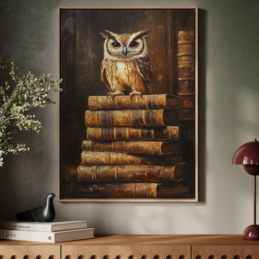 Wise Owl on Antique Books – Dark Academia Wall Art, Vintage Library Print, Scholar’s Study Decor