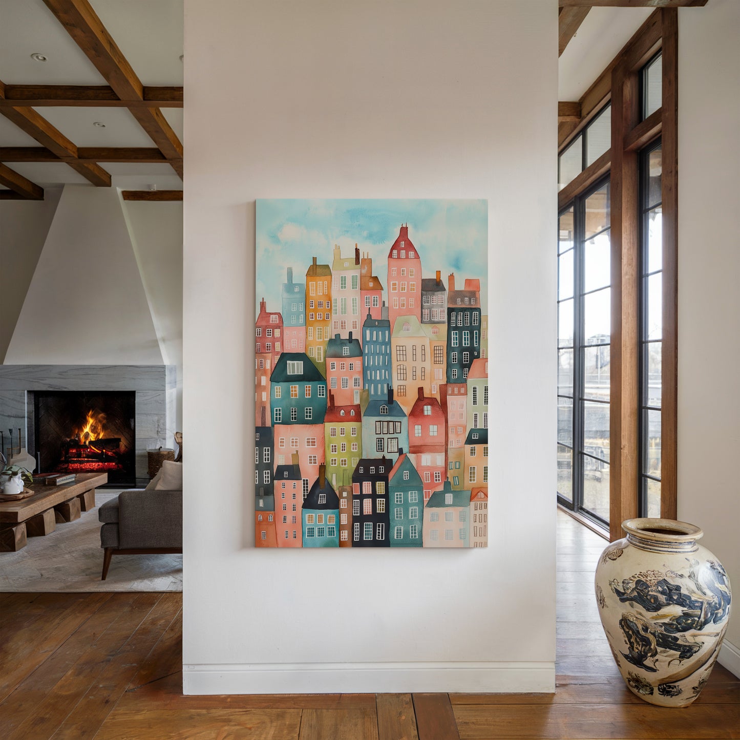 Colorful City Rowhouses Watercolor Print