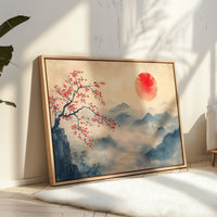 Japanese Red Sun & Misty Mountain Wall Art – Zen Ink Wash Landscape