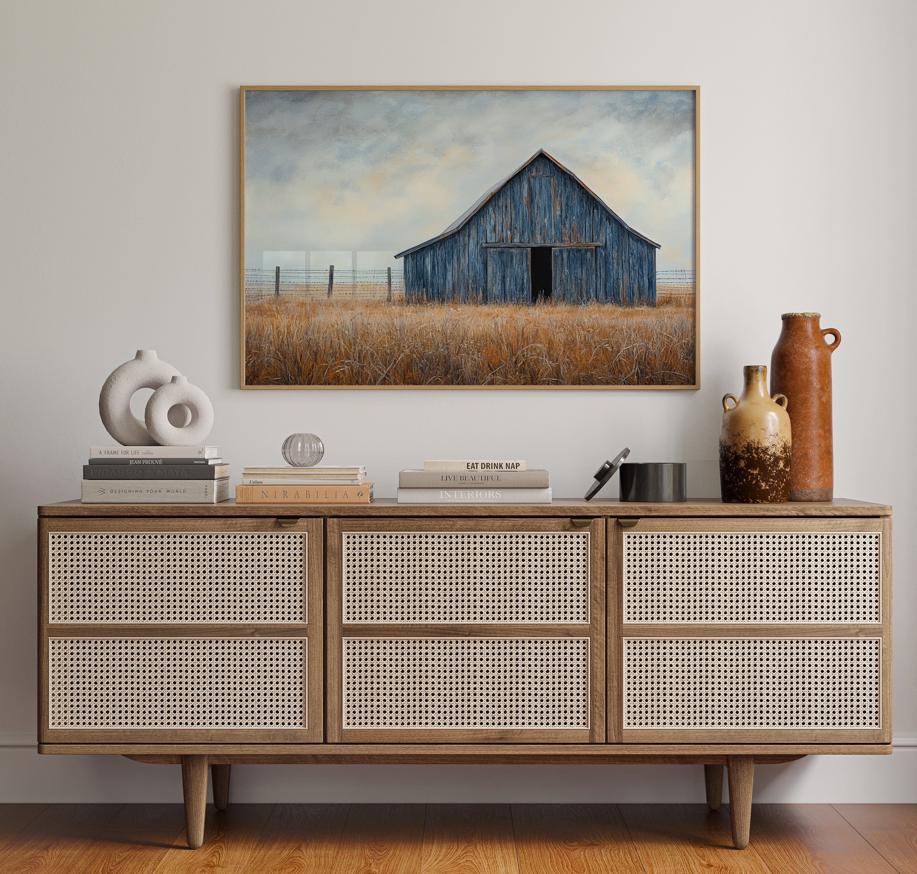 Blue Barn Stands Among Golden Fields