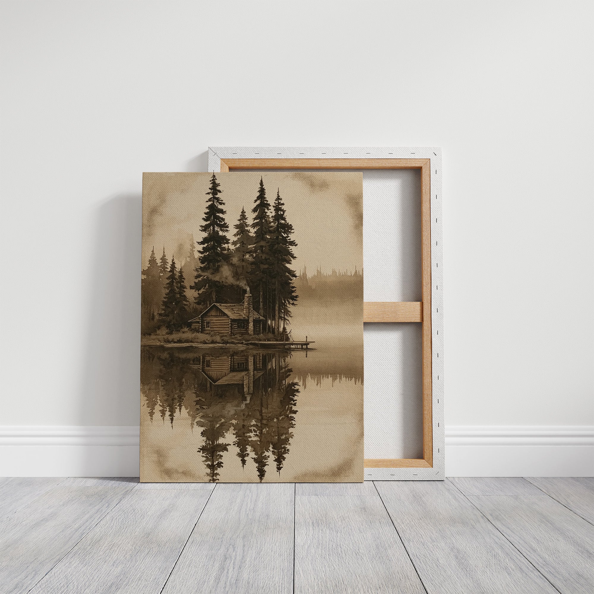 Sepia Cabin On A Still Lake