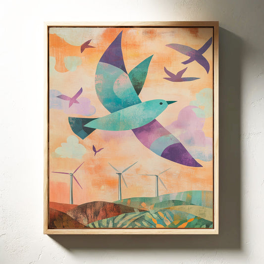 Birds Soar Above Wind Farm Dawn