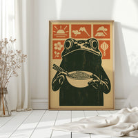 Ramen Frog in Retro Woodblock Style