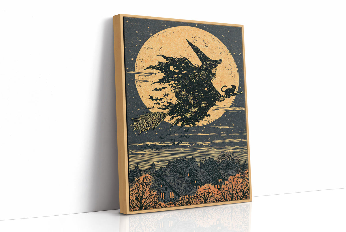 Broomstick Silhouette Over Village