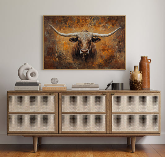 Longhorn's Gaze Through Autumn Fire